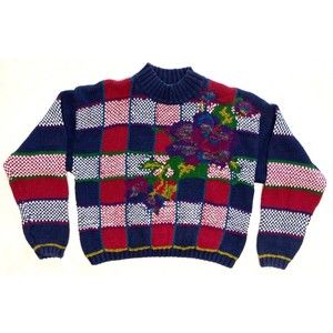 Vintage Casual Corner Patchwork Stripe Blue Red Short Sweater Large Mock Neck